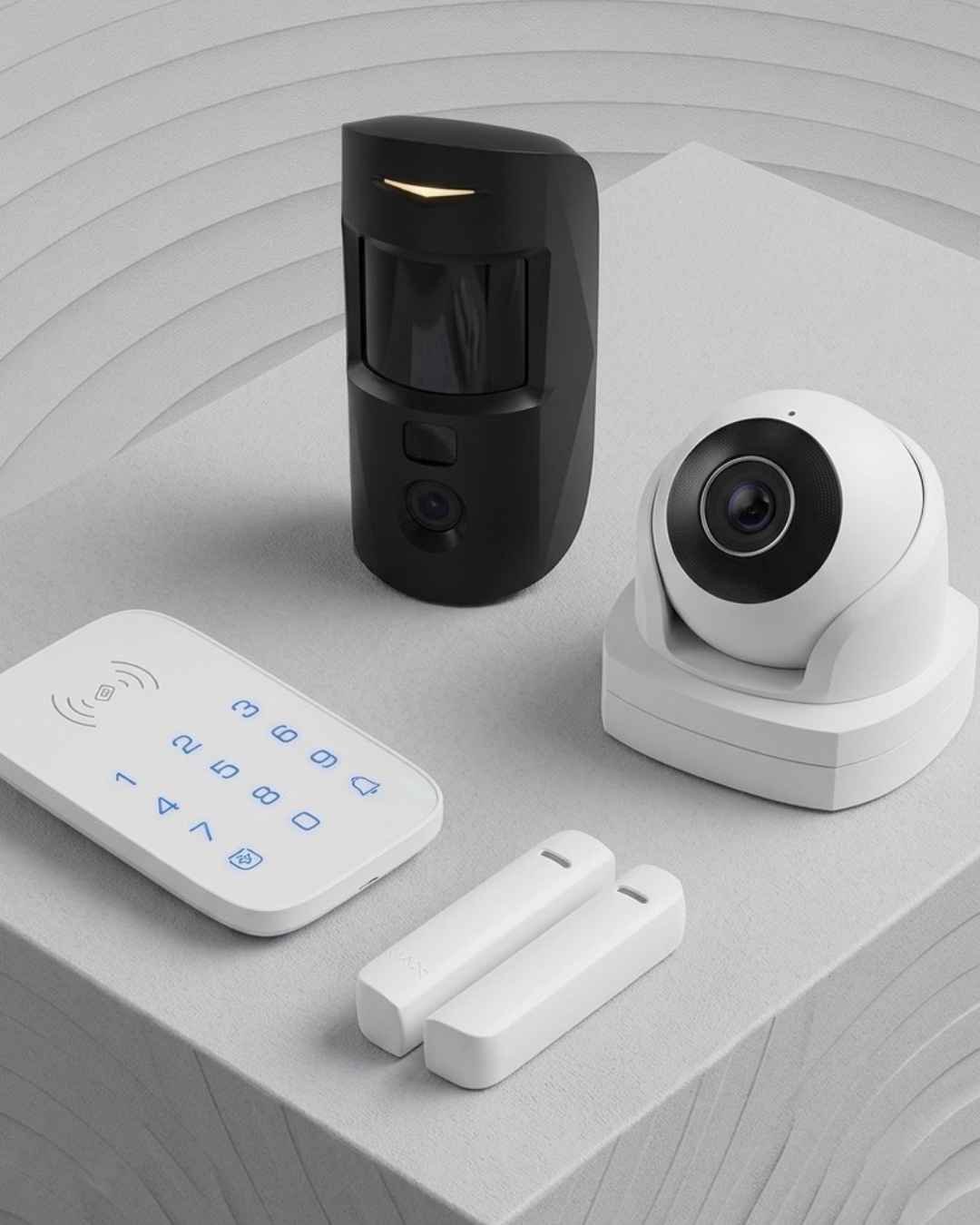 Home alarm and CCTV package with motion sensor camera, dome camera, touch keypad and door sensor