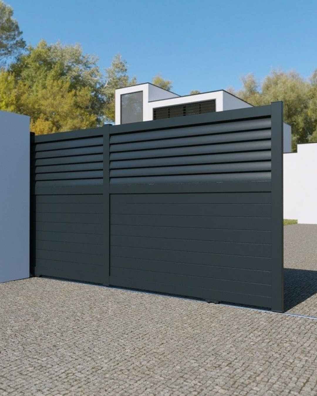 Dark grey aluminium sliding driveway gate with automatic gate motor installed in Auckland