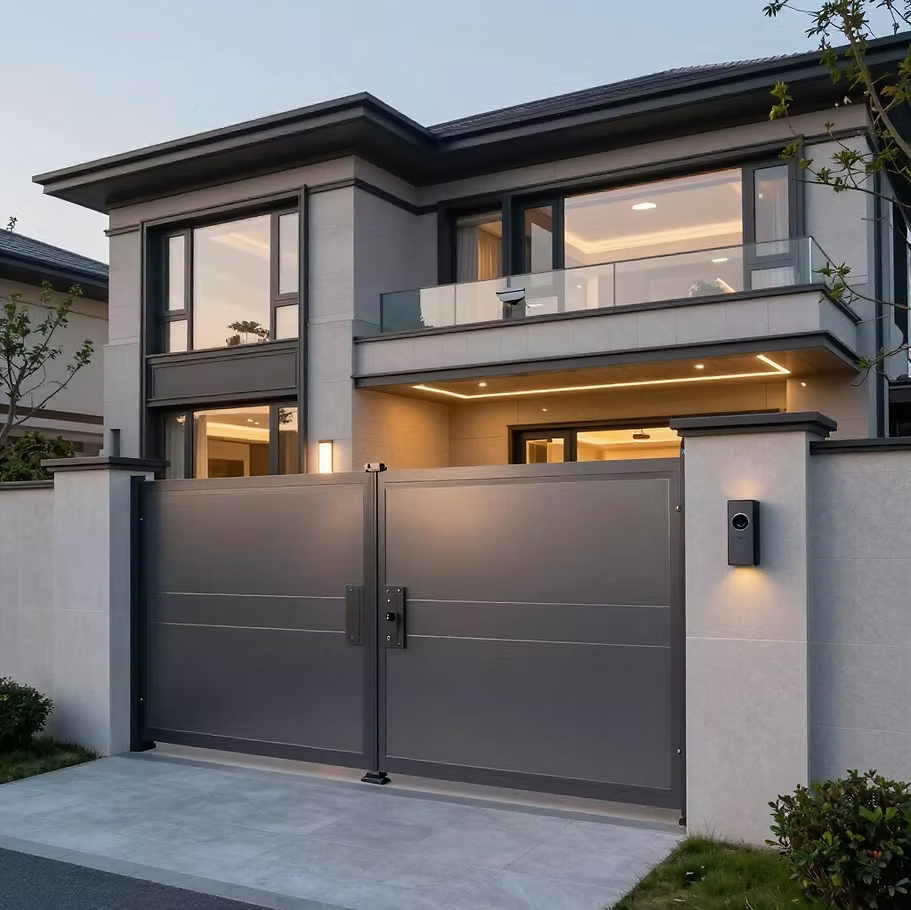 Automatic swing driveway gate and video intercom at a modern Auckland home at dusk